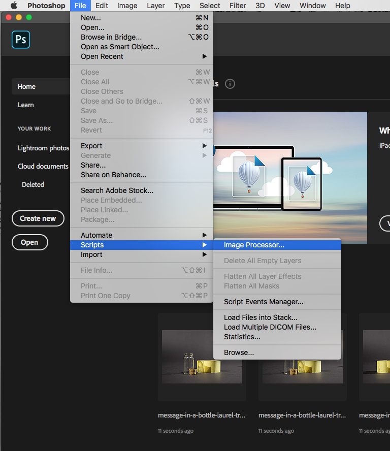 Step five of how to process photos. Screen shot selecting image processor in Photoshop menus.