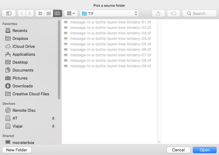 Step six of how to process photos. Screenshot choosing the TIFF folder in Photoshop.