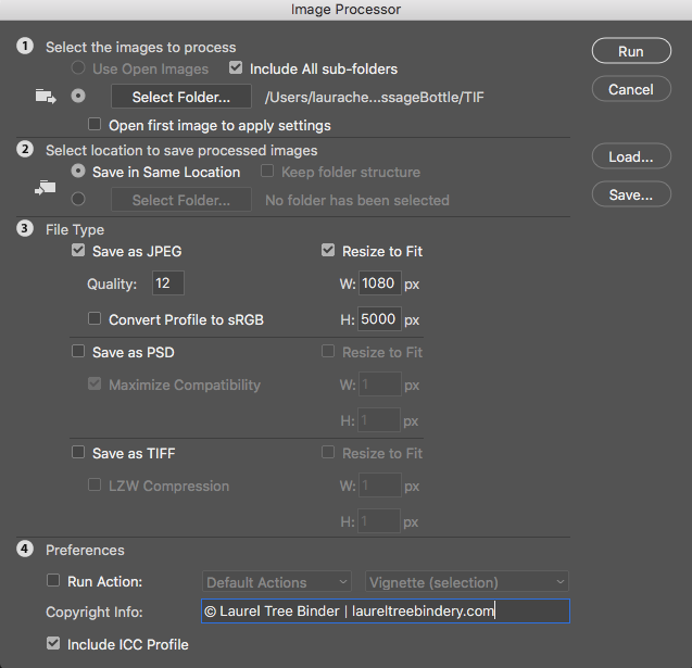 Step seven of how to process photos. Screen shot of the image processing options in Photoshop.