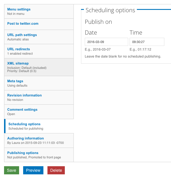 Screenshot of Drupal's scheduling interface