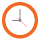 Simple clock graphic with no numbers on the face and an orage frame.